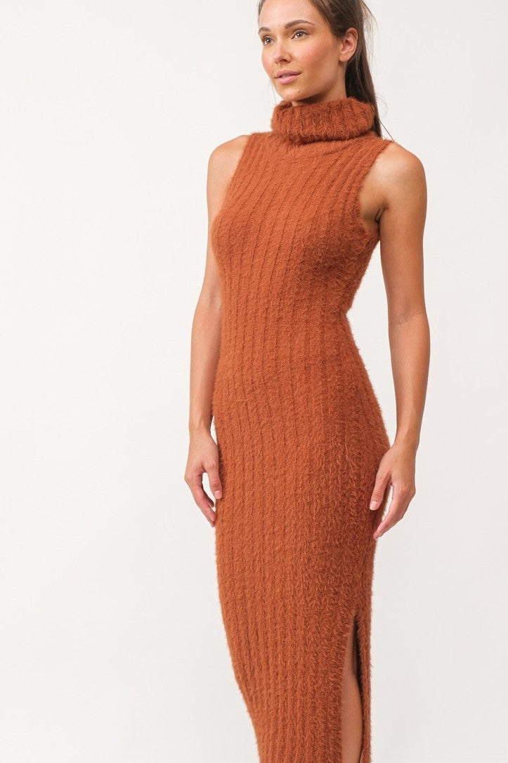 white christmas dresses Camel Fuzzy Knit Sleeveless Turtle Neck Midi Dress – PinkBlush