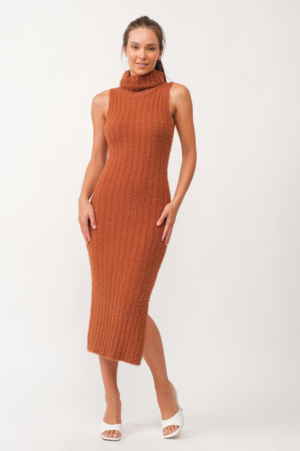 Camel Fuzzy Knit Sleeveless Turtle Neck Midi Dress Camel Fuzzy Knit Sleeveless Turtle Neck Midi Dress