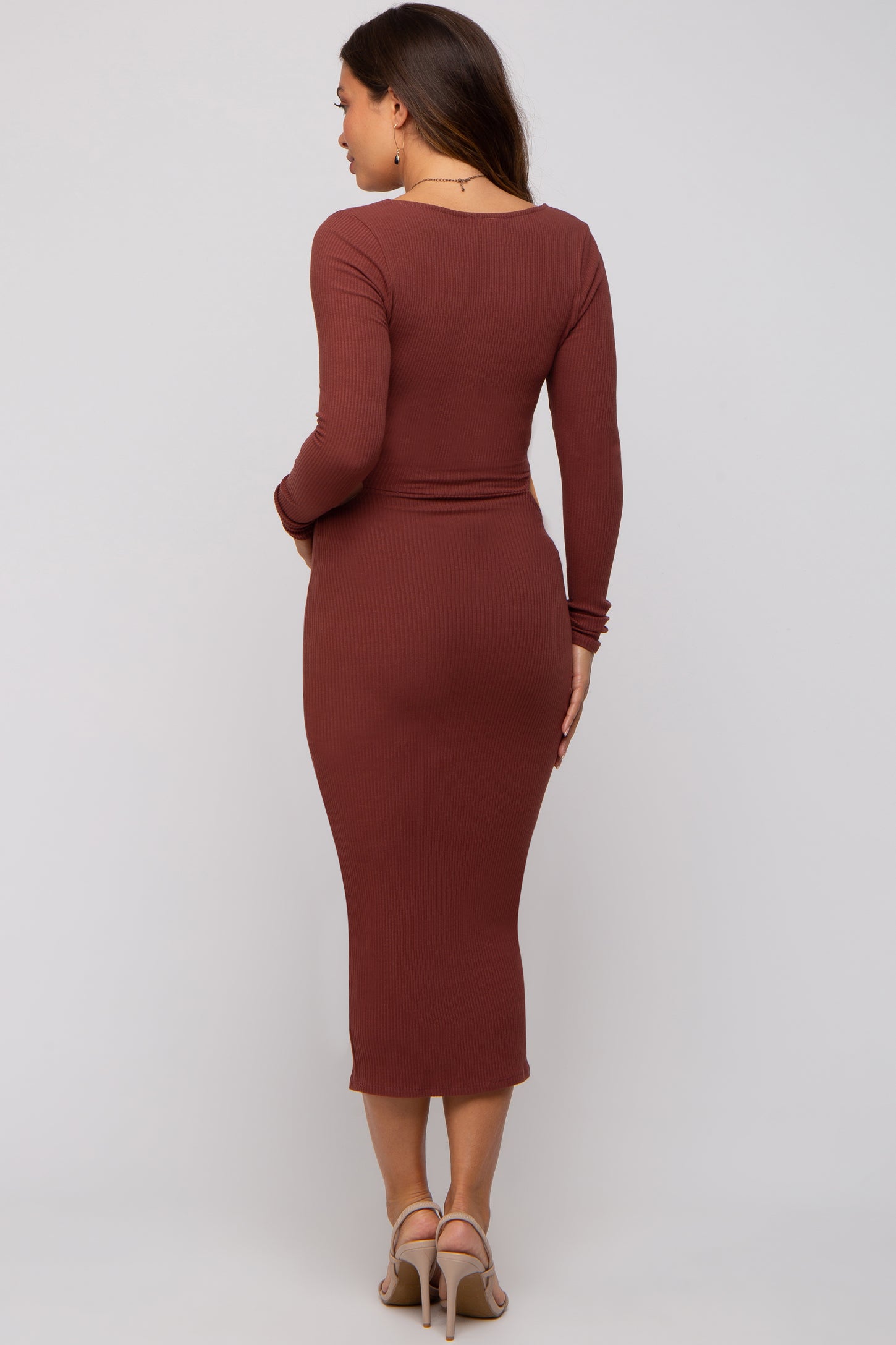 Brown Rib Knit Side Cutout Maternity Midi Dress Brown Rib Knit Side Cutout Maternity Midi Dress