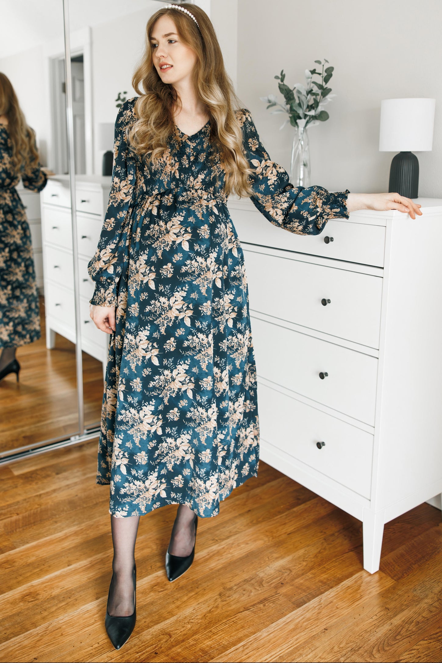 Teal Floral Long Sleeve Maternity Maxi Dress