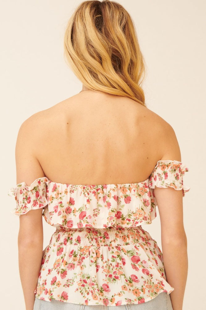 Cream Floral Off-Shoulder Ruffle Flounce Peplum Top