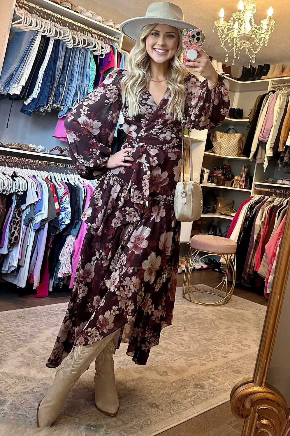 ruffle floral print midi dress in burgundy Chiffon Wrap Front garden parties collection:accessories Lavender A-line Illusion Tulle Size:31/32