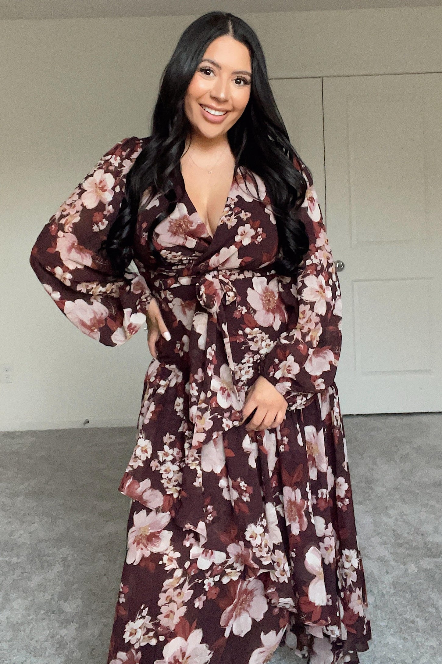 ruffle floral print midi dress in burgundy Alexia Admor Women's Kaelith Ruffle Sleeve Midi Dress - Burgundy