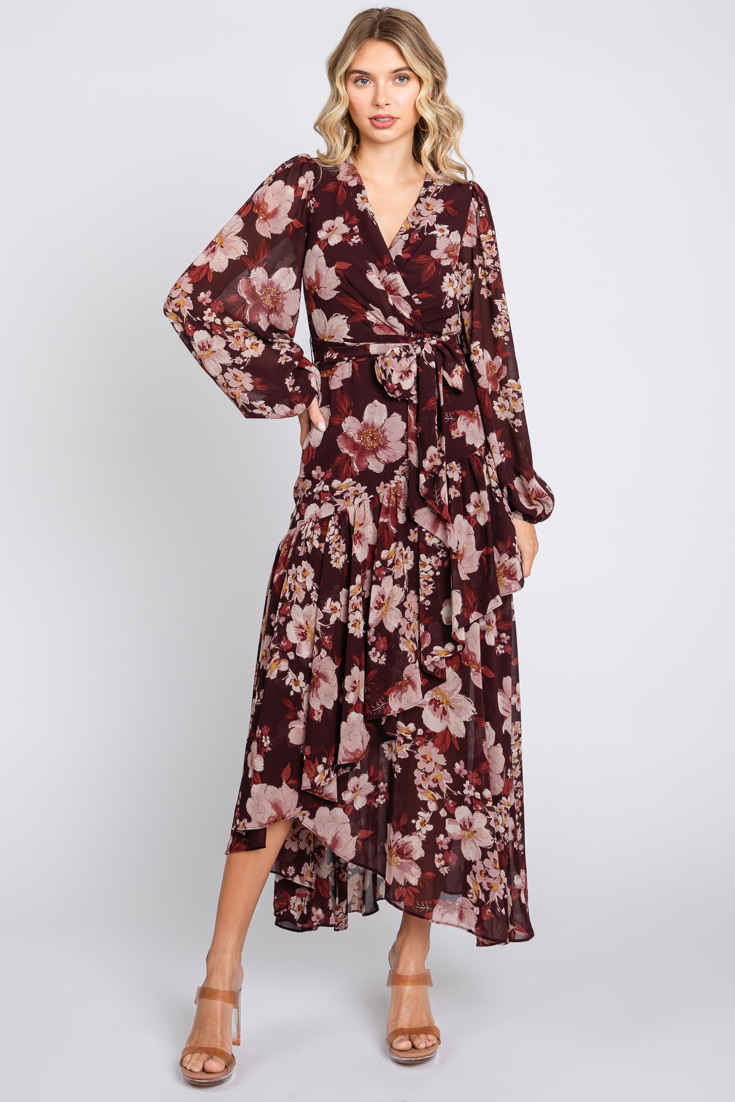 Burgundy Floral Chiffon Wrap Front Ruffle Midi Dress PinkBlush Burgundy Floral Chiffon Wrap Front Ruffle Midi Dress PinkBlush