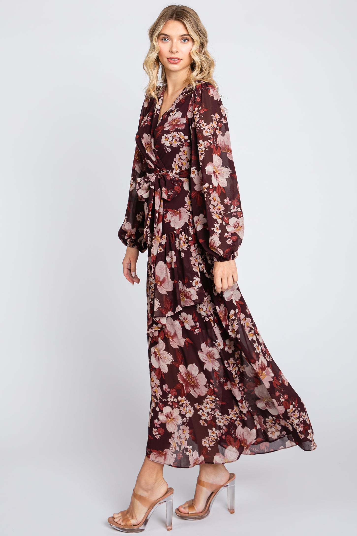 Burgundy Floral Chiffon Wrap Front Ruffle Midi Dress PinkBlush Burgundy Floral Chiffon Wrap Front Ruffle Midi Dress PinkBlush
