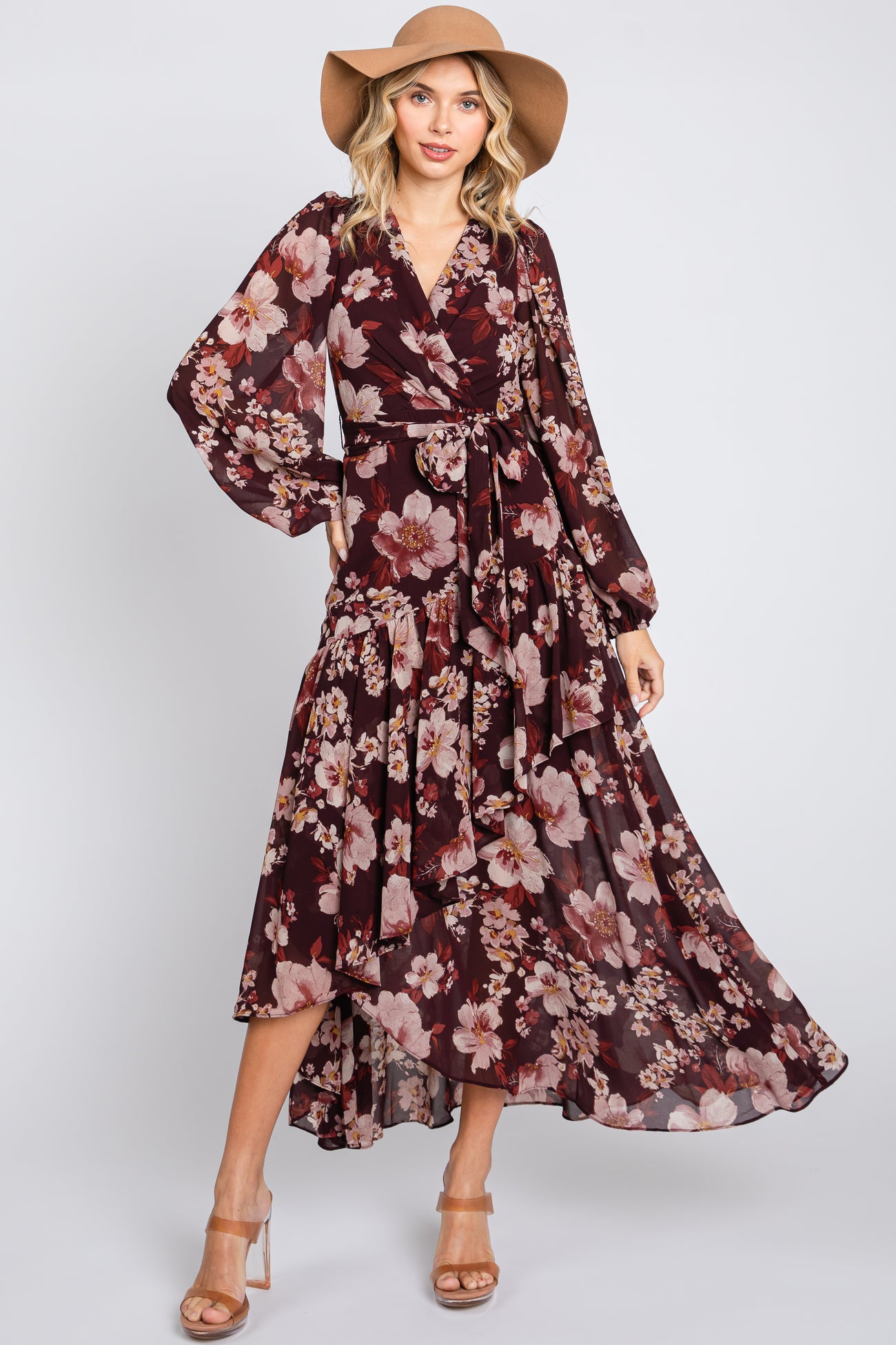 Sleeveless High Low Midi Dress Burgundy Floral Chiffon Wrap Front Ruffle Midi Dress PinkBlush Sleeveless High Low Midi Dress Burgundy Floral Chiffon Wrap Front Ruffle Midi Dress PinkBlush