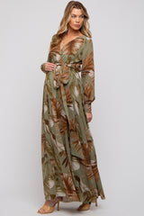 Olive Palm Print Chiffon Wrap Front V-Neck Long Sleeve Maternity Maxi Dress