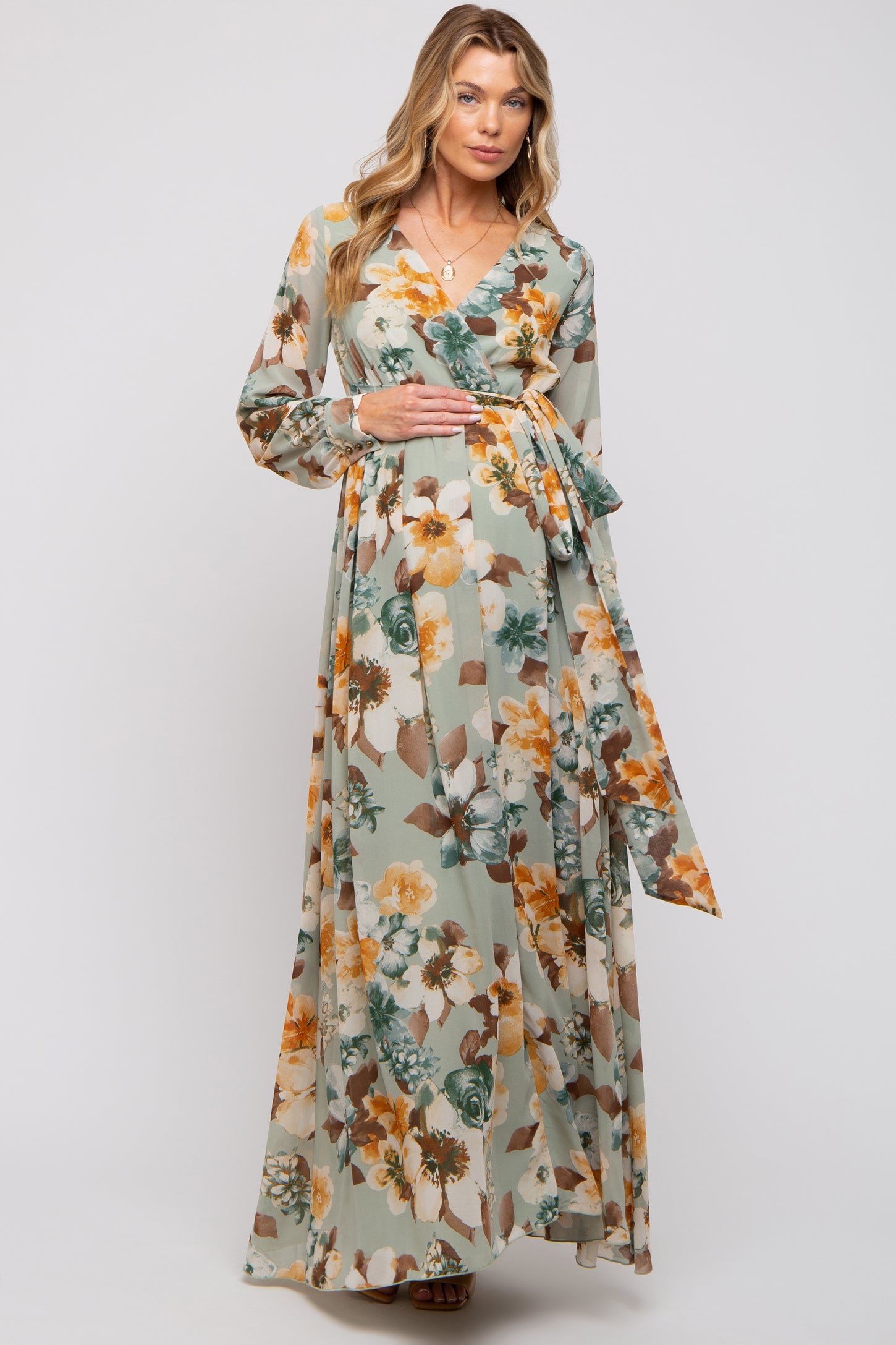 Mint Green Floral Chiffon Wrap Front V-Neck Long Sleeve Maternity Maxi – PinkBlush