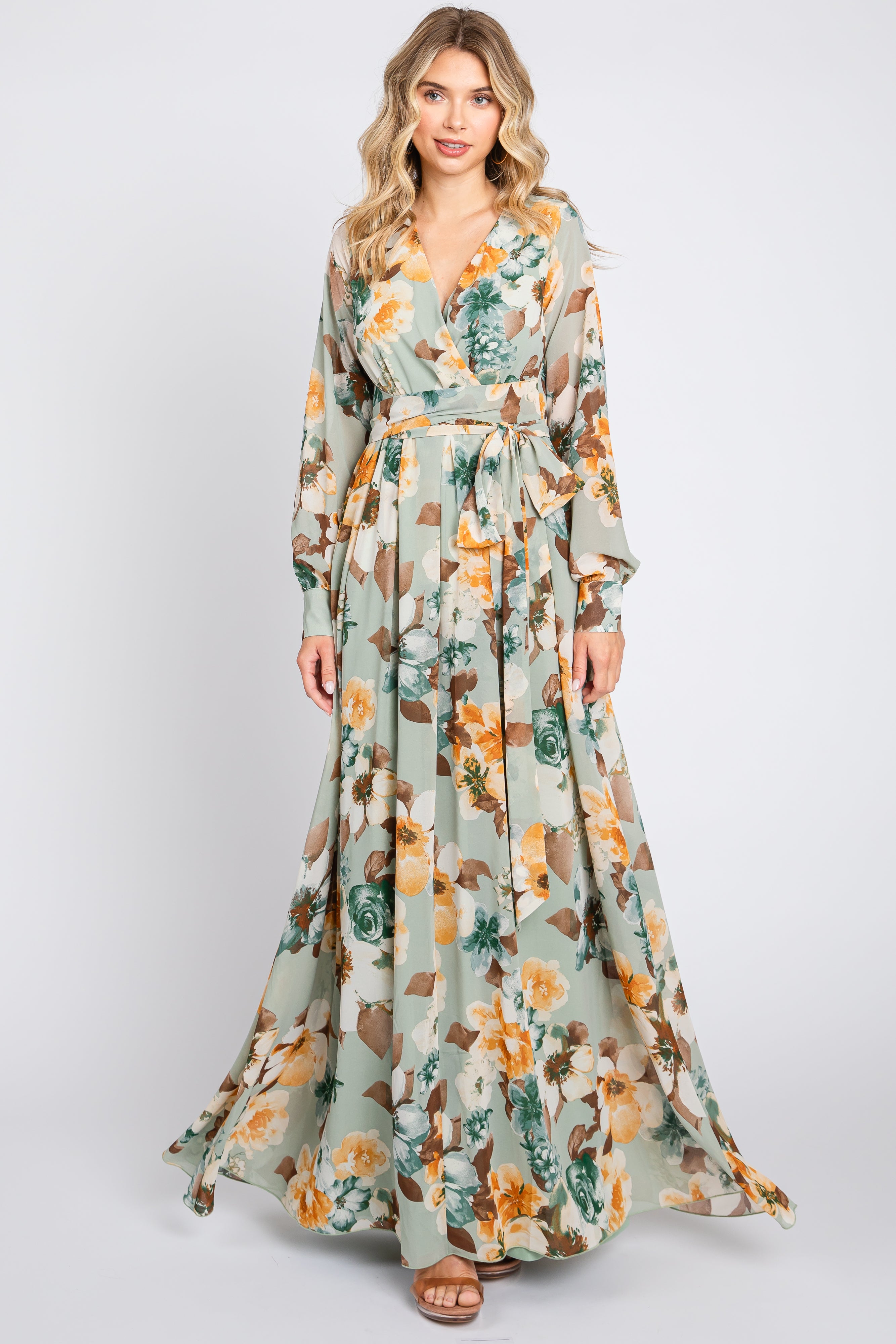 Mint Green Floral Chiffon Wrap Front V-Neck Long Sleeve Maxi Dress – PinkBlush