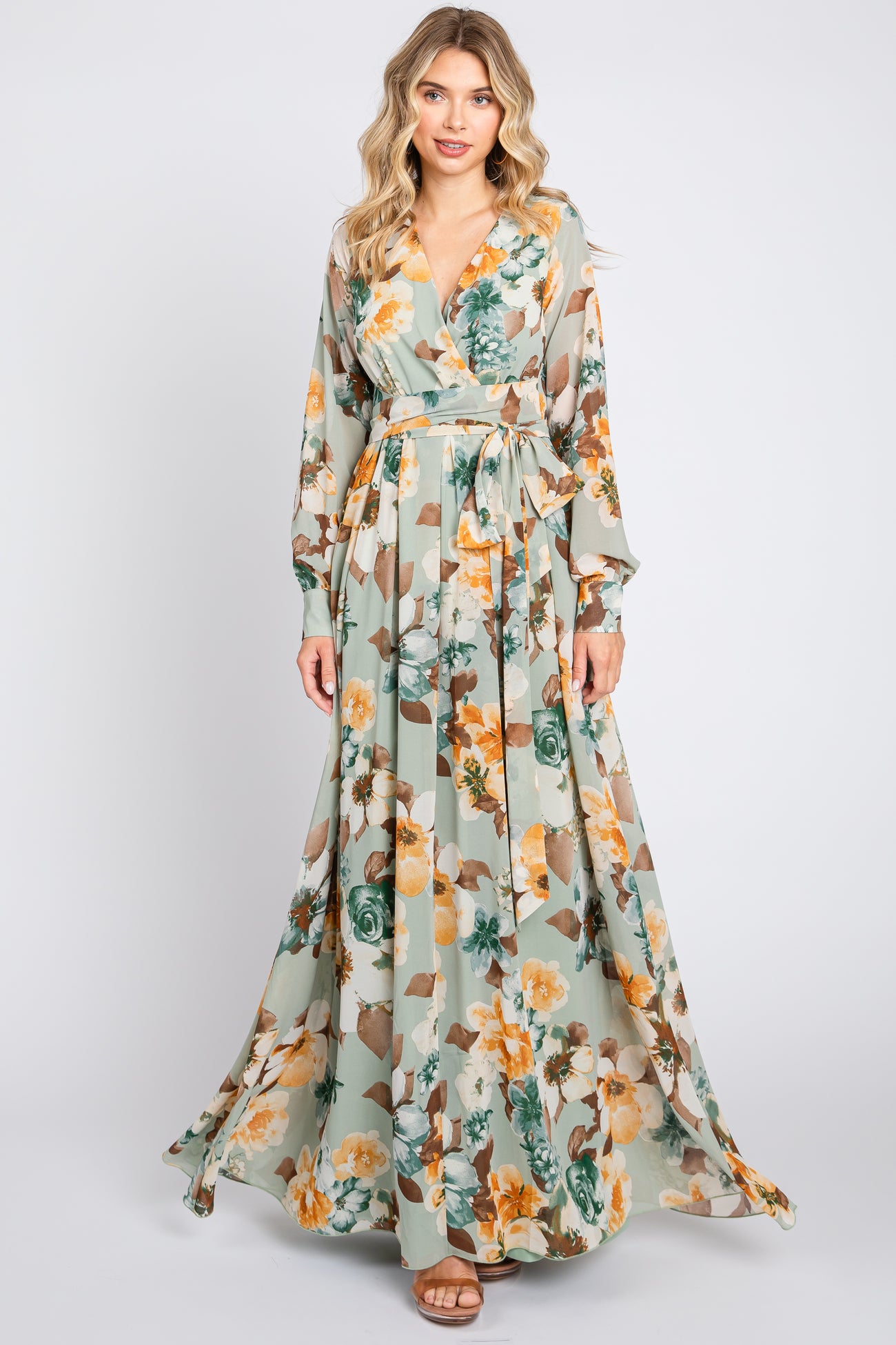 Mint Green Floral Chiffon Wrap Front V-Neck Long Sleeve Maxi Dress PinkBlush Mint Green Floral Chiffon Wrap Front V-Neck Long Sleeve Maxi Dress PinkBlush
