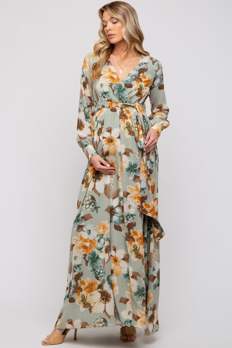 Mint Green Floral Chiffon Wrap Front V-Neck Long Sleeve Maternity Maxi ...