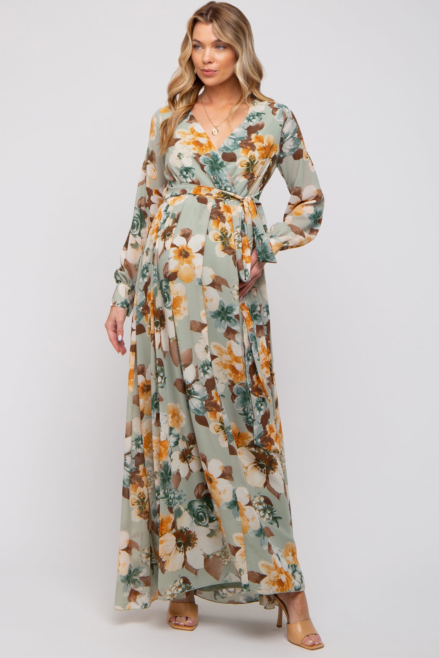 Mint Green Floral Chiffon Wrap Front V-Neck Long Sleeve Maternity Maxi PinkBlush Mint Green Floral Chiffon Wrap Front V-Neck Long Sleeve Maternity Maxi PinkBlush