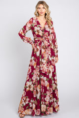 Burgundy Floral Chiffon Wrap Front V-Neck Long Sleeve Maternity Maxi Dress