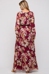 Burgundy Floral Chiffon Wrap Front V-Neck Long Sleeve Maternity Maxi Dress