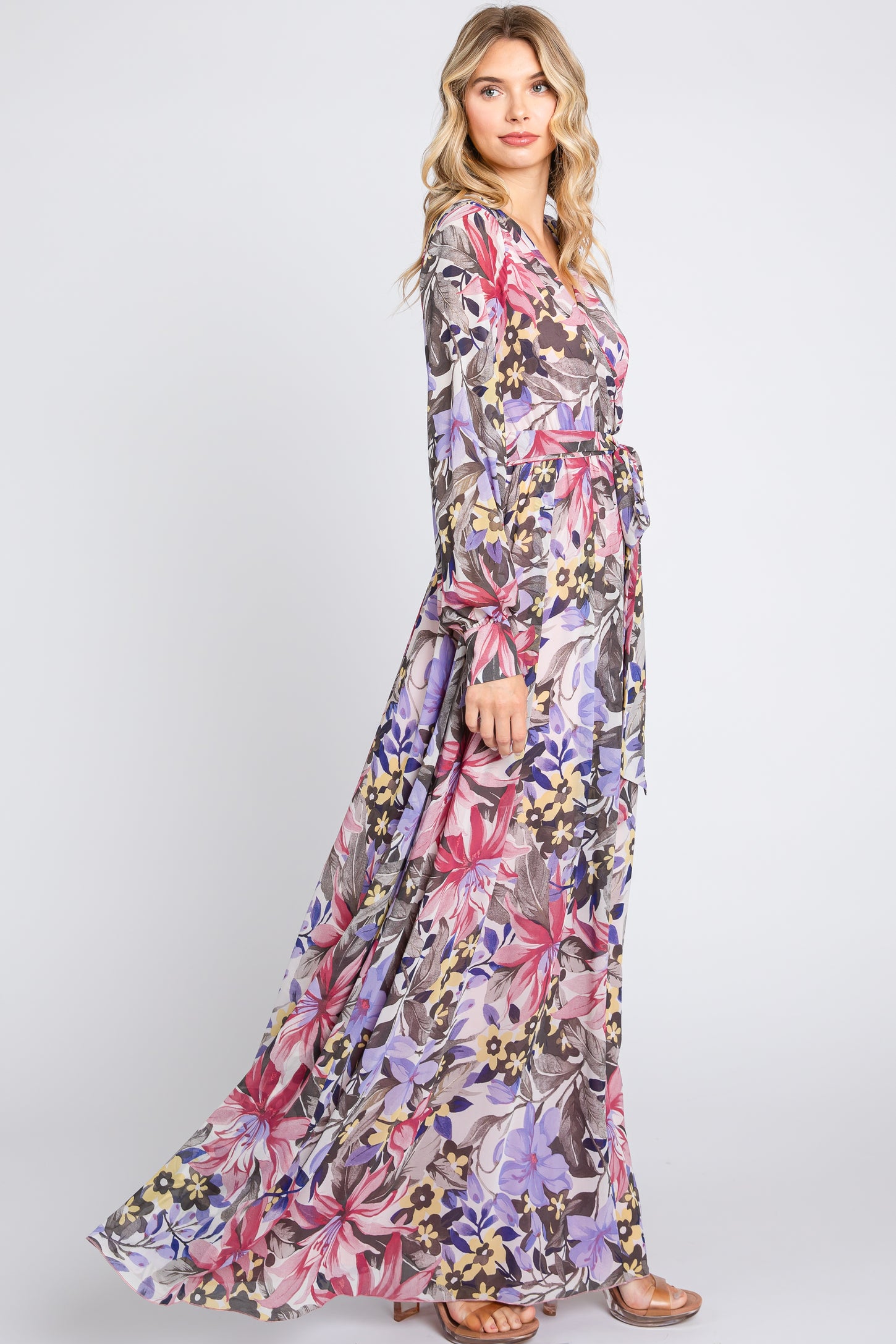 Mauve Floral Chiffon Wrap Front V-Neck Long Sleeve Maxi Dress Mauve Floral Chiffon Wrap Front V-Neck Long Sleeve Maxi Dress
