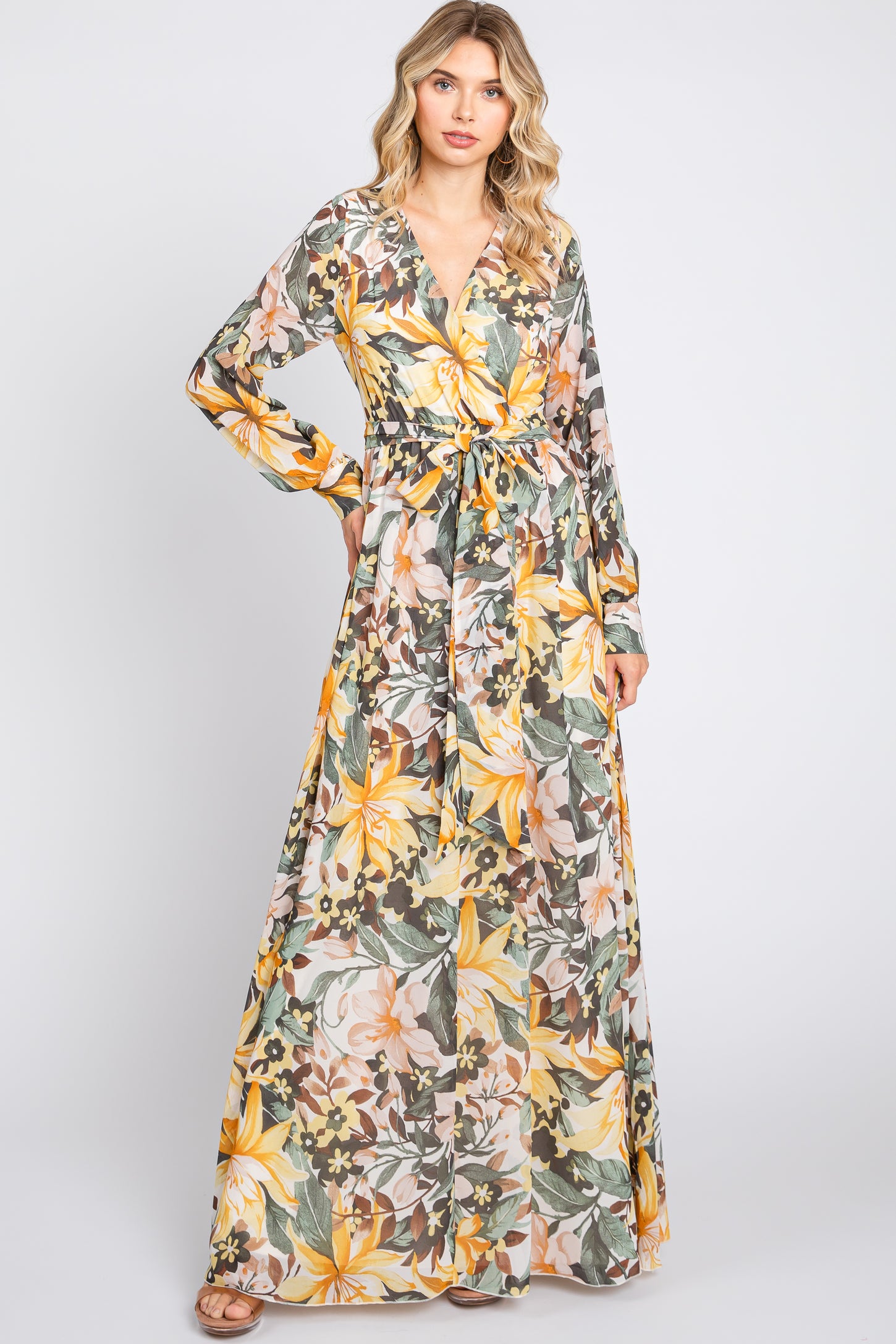 Yellow Floral Chiffon Wrap Front V-Neck Long Sleeve Maxi Dress PinkBlush Yellow Floral Chiffon Wrap Front V-Neck Long Sleeve Maxi Dress PinkBlush