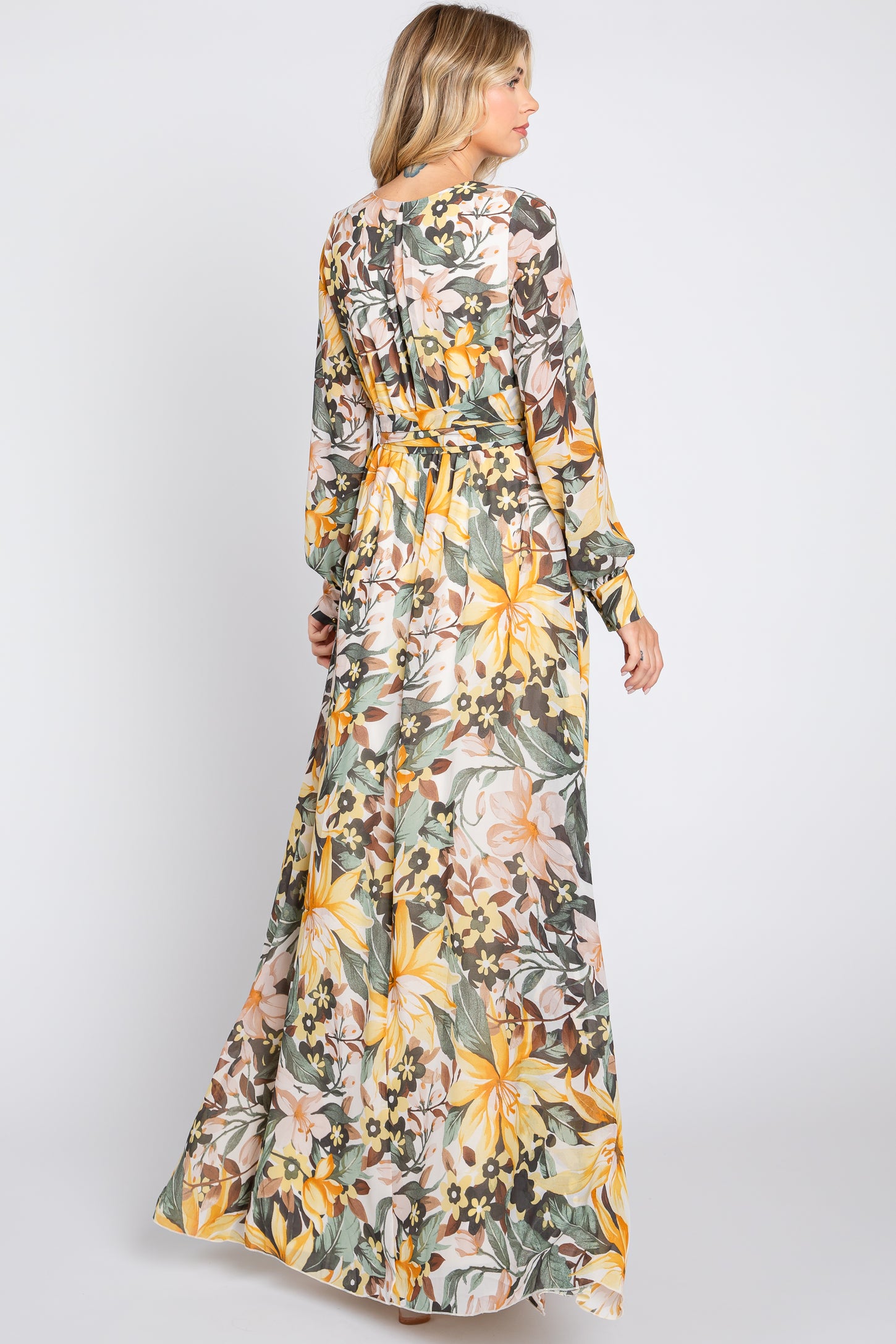 Yellow Floral Chiffon Wrap Front V-Neck Long Sleeve Maxi Dress PinkBlush Yellow Floral Chiffon Wrap Front V-Neck Long Sleeve Maxi Dress PinkBlush