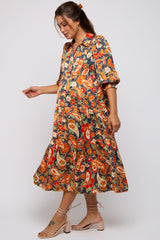 Navy Multicolor Floral Paisley Maternity Tiered Dress