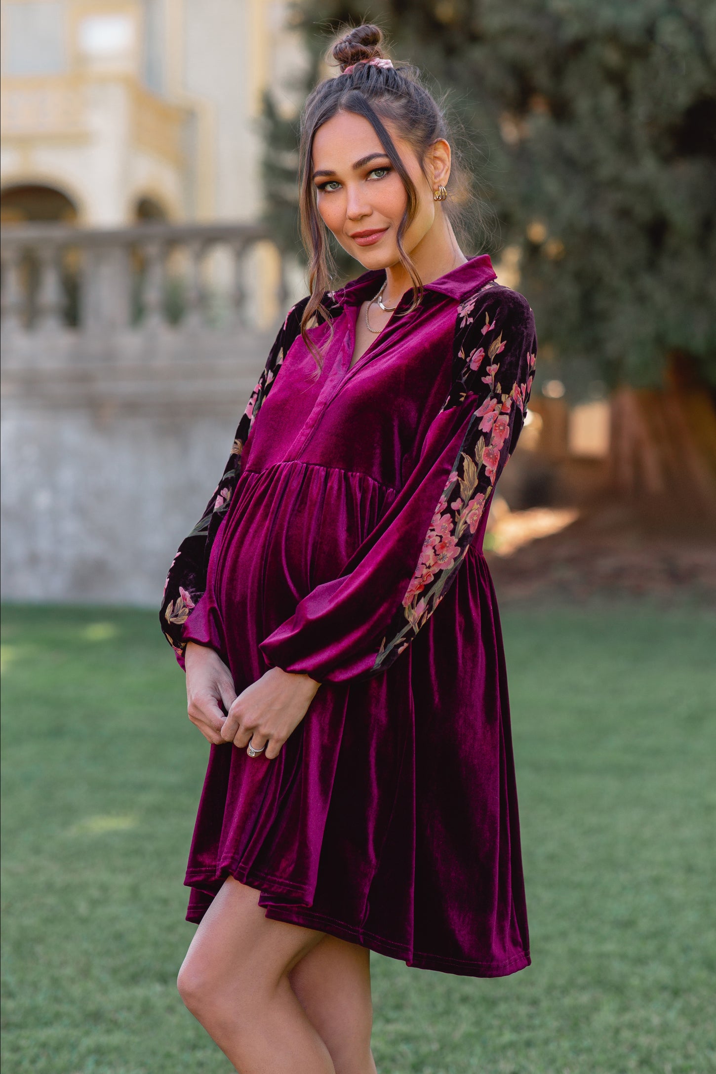 long sleeve velvet floral dress Long Sleeve Velvet Floral Print Midi Dress
