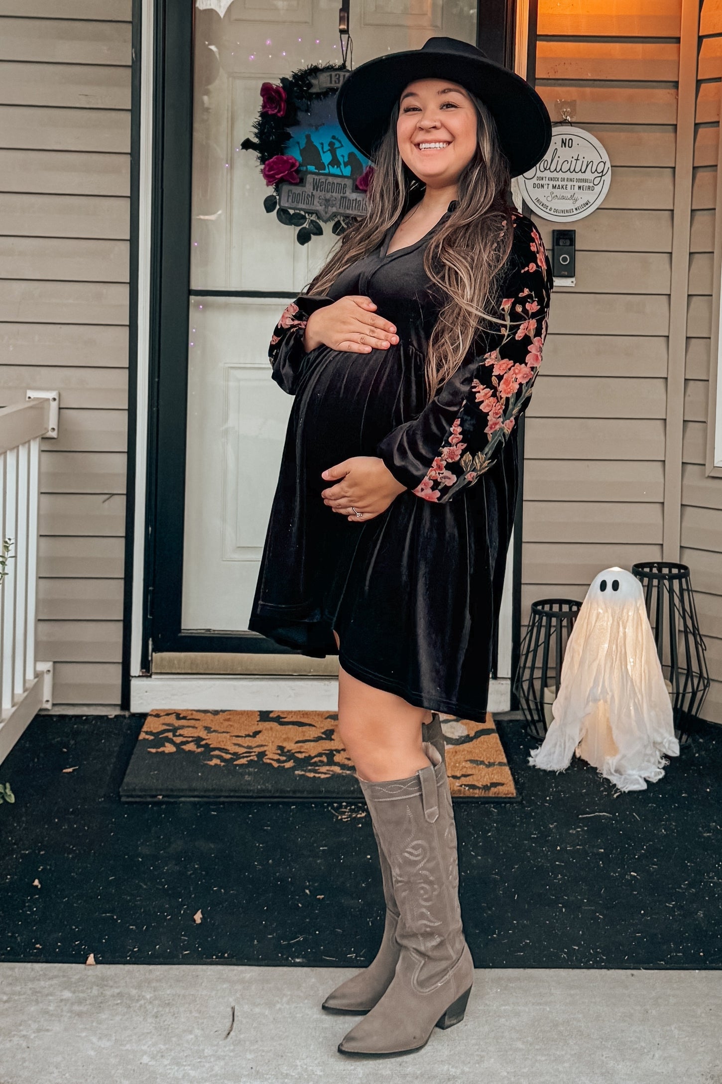 Black Velvet Floral Long Sleeve Maternity Dress – PinkBlush