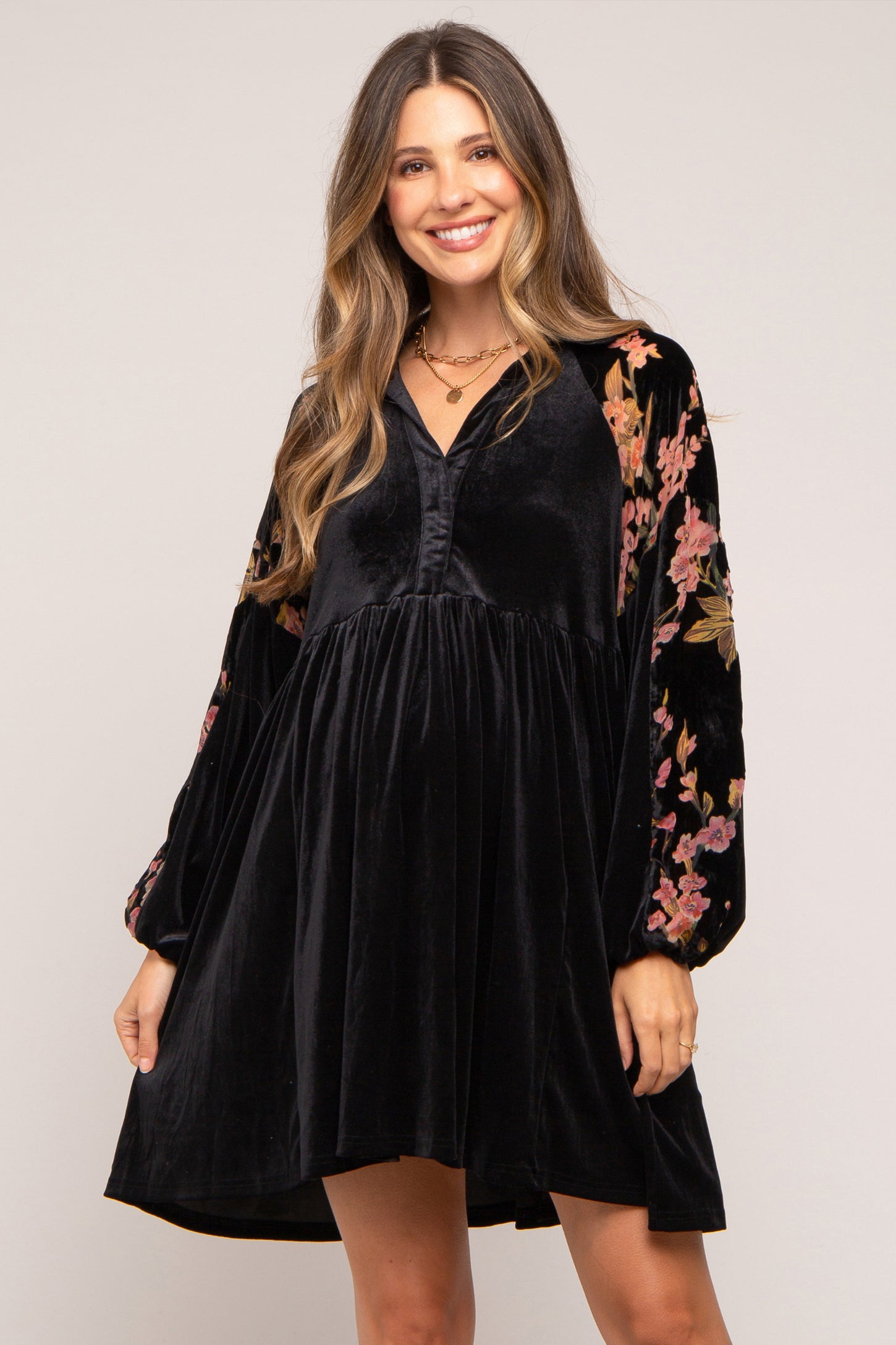 Black Velvet Floral Long Sleeve Maternity Dress – PinkBlush