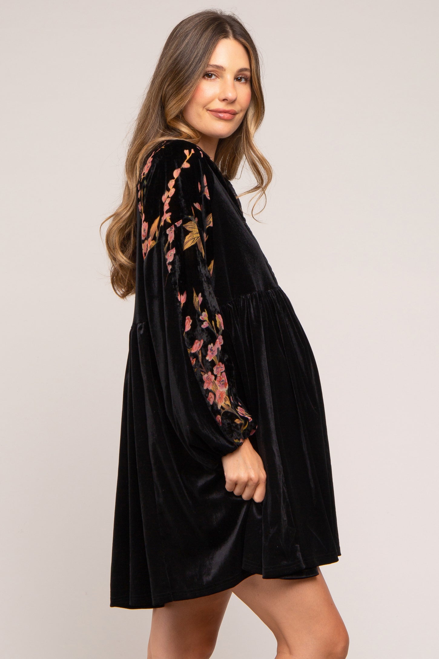 Black Velvet Floral Long Sleeve Maternity Dress – PinkBlush