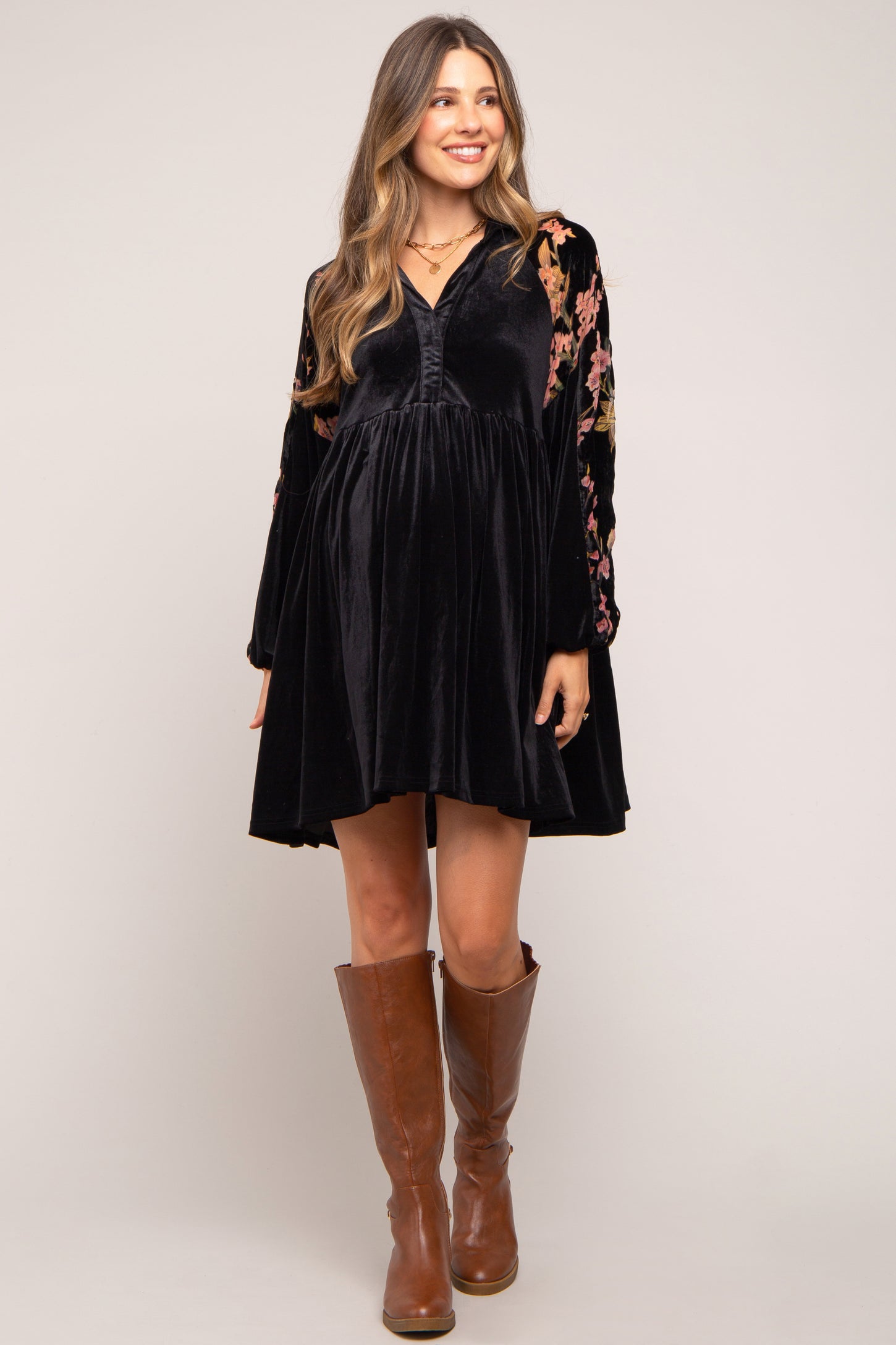 Black Velvet Floral Long Sleeve Maternity Dress PinkBlush Black Velvet Floral Long Sleeve Maternity Dress PinkBlush
