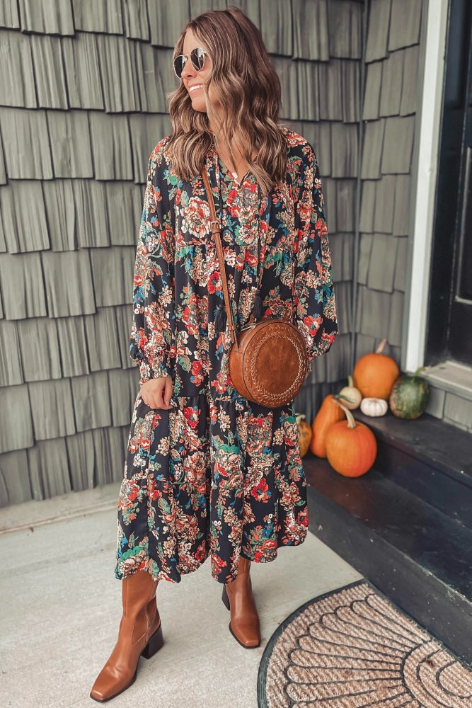 Black Floral Ruffle Neck Tiered Midi Dress