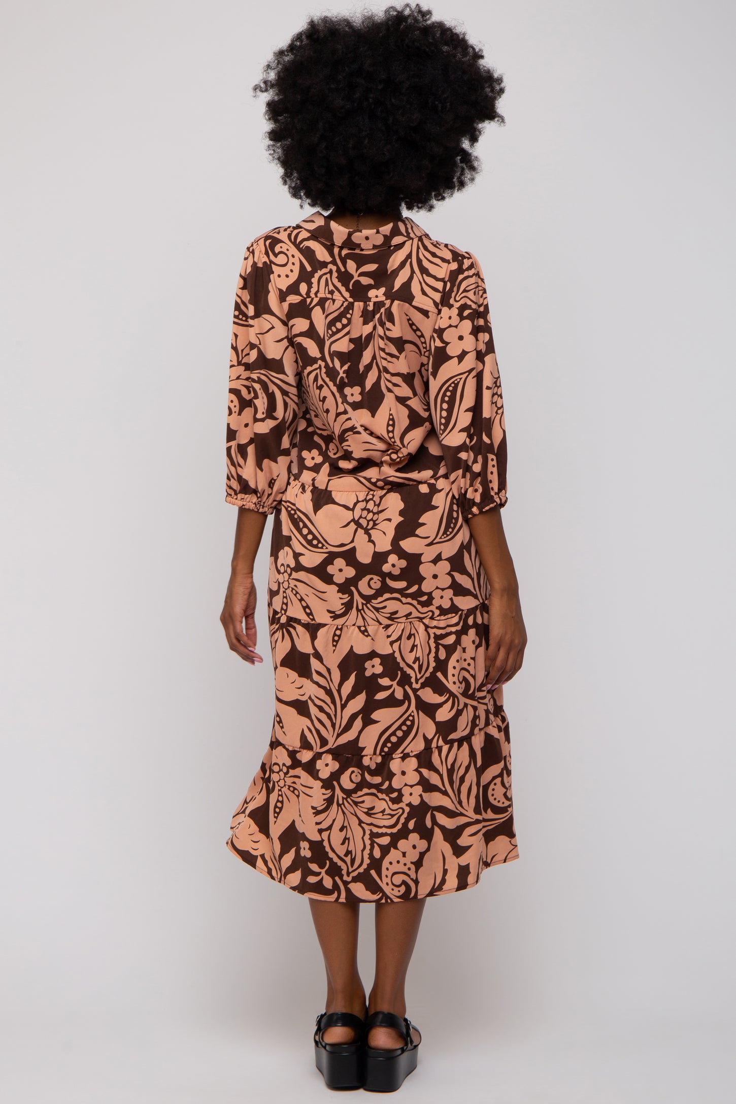 Brown Floral Collared Tiered Midi Dress