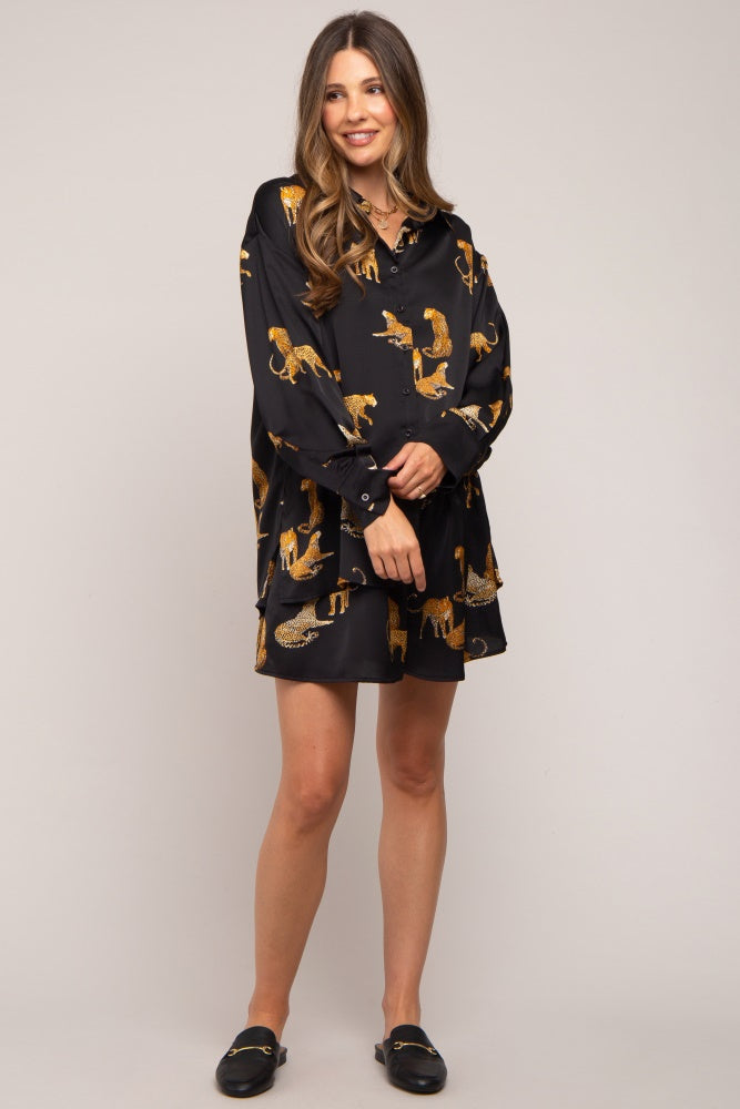 Black Animal Print Silky Matching Shorts Set