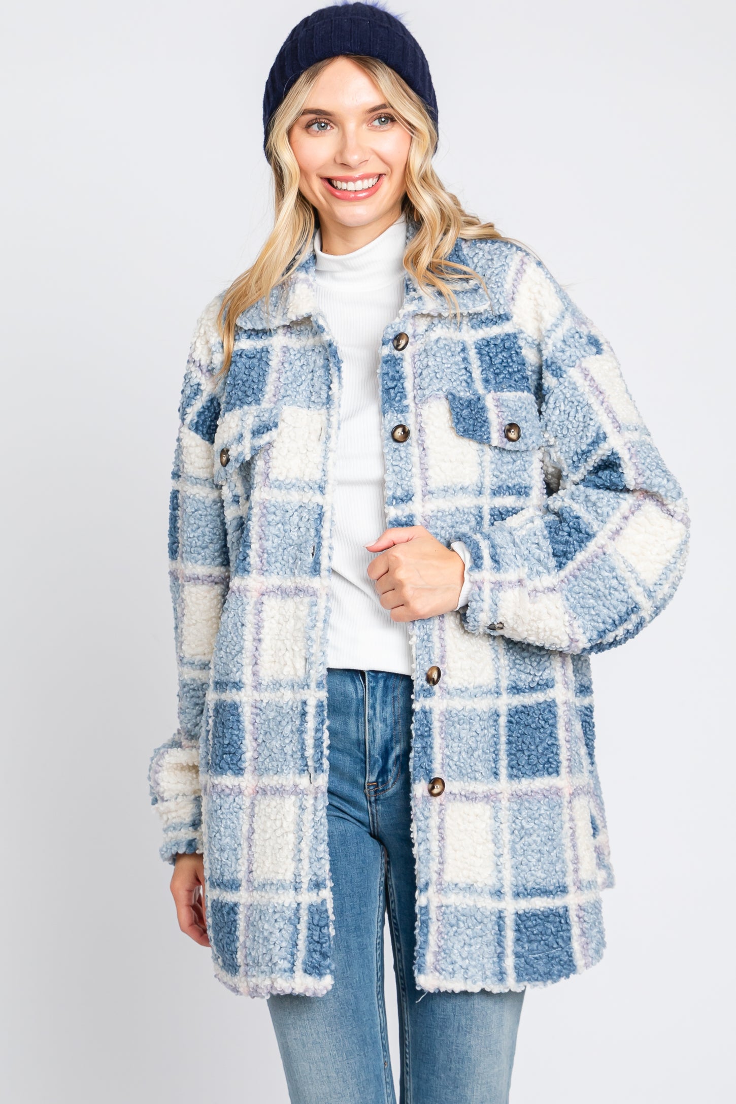 Blue Plaid Sherpa Jacket – PinkBlush