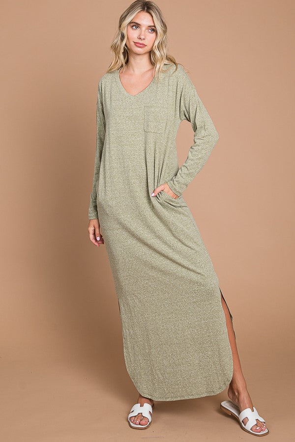Light Olive Heathered Pocketed Long Sleeve Maxi Dress Light Olive Heathered Pocketed Long Sleeve Maxi Dress
