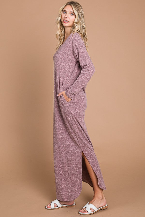 Plum Heathered Pocketed Long Sleeve Maxi Dress Plum Heathered Pocketed Long Sleeve Maxi Dress
