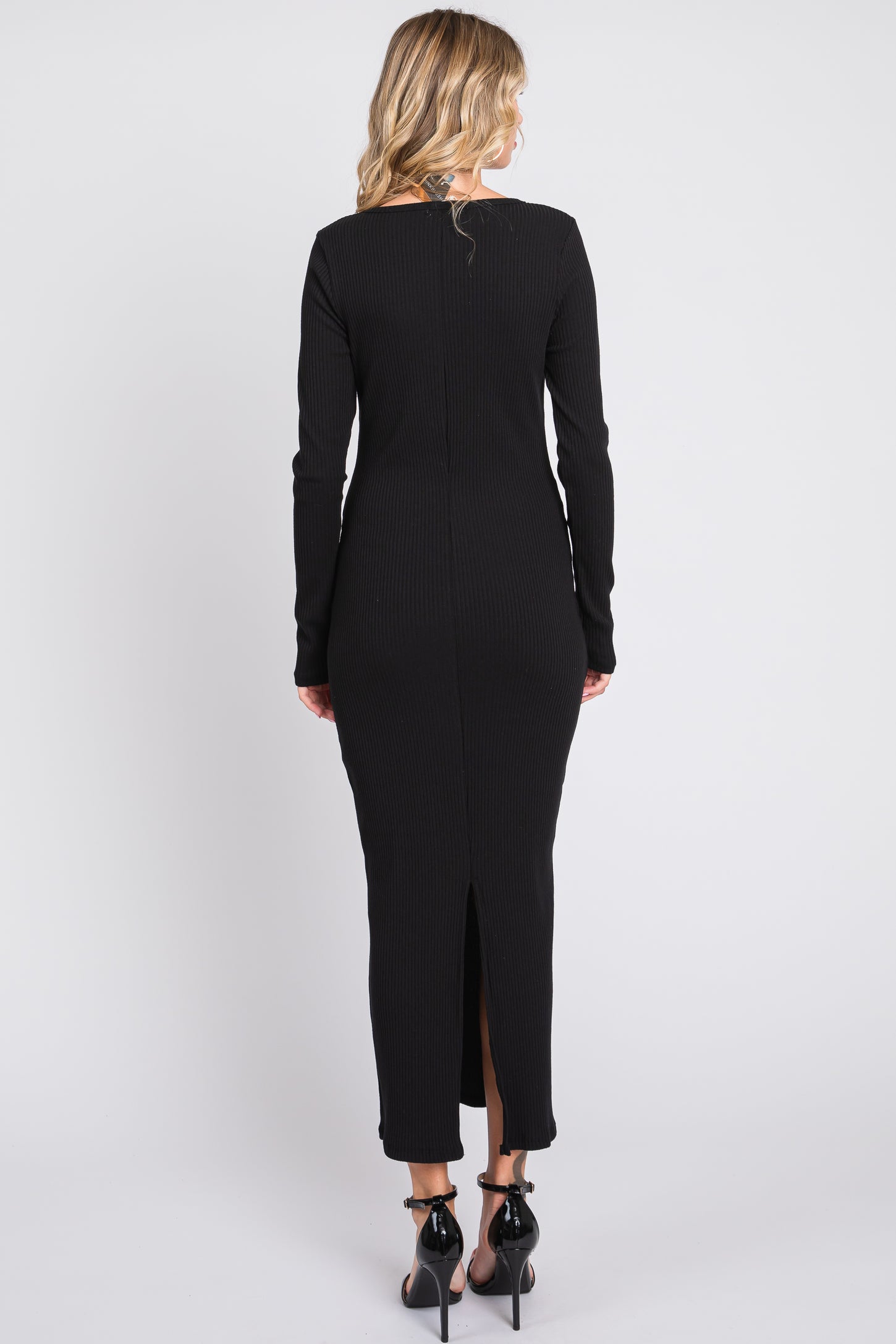 black ribbed long sleeve maxi dress Ribbed Knit Maxi Dress