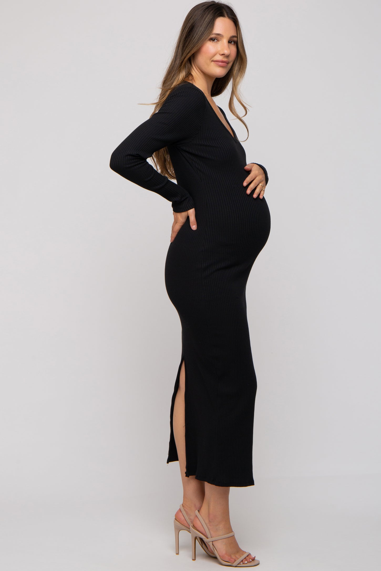 Black Ribbed Long Sleeve Maternity Maxi Dress PinkBlush Black Ribbed Long Sleeve Maternity Maxi Dress PinkBlush