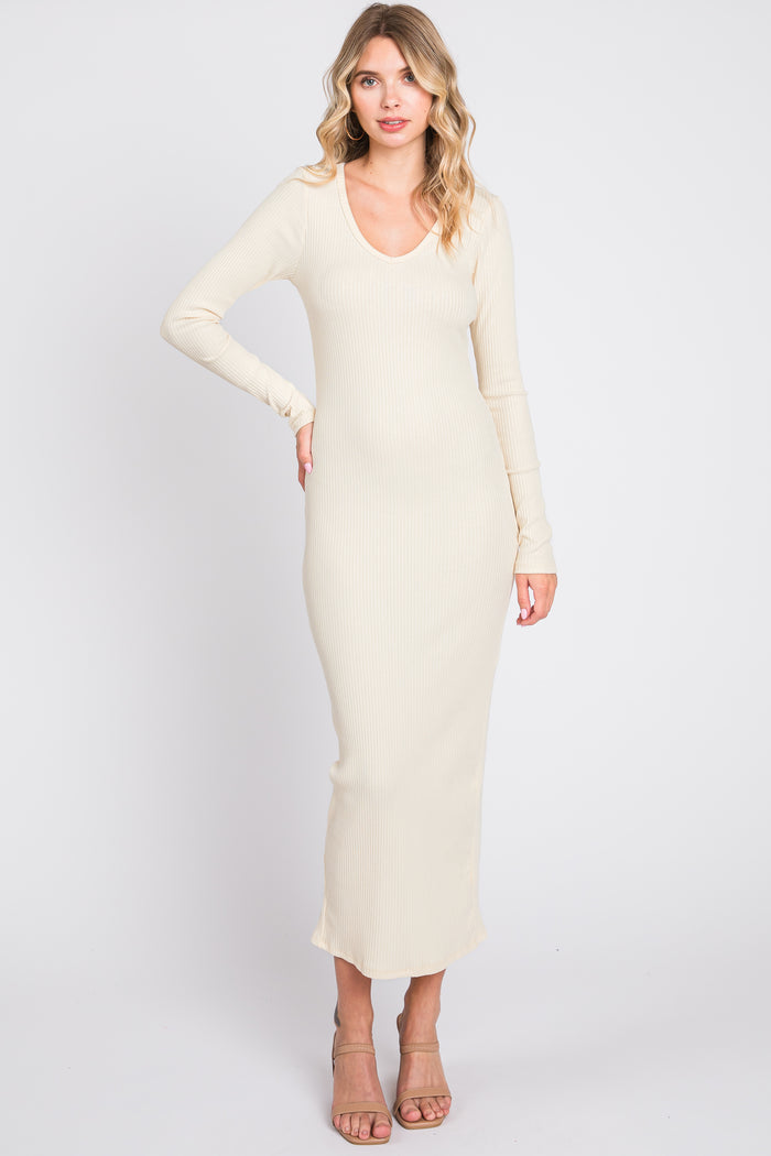Cream Ribbed Long Sleeve Maternity Maxi Dress