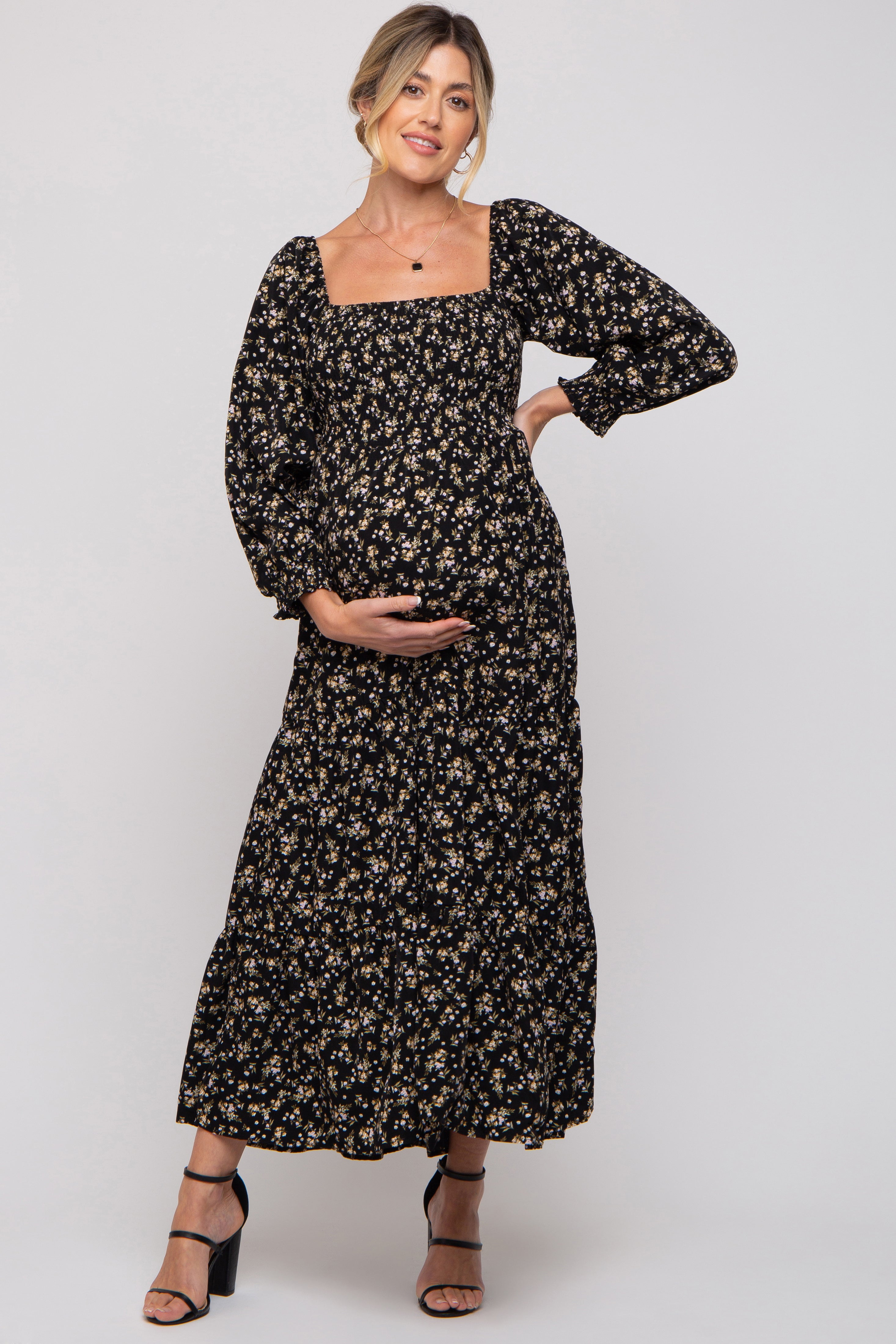 Pinkblush Maternity Cream Floral Smocked Long Sleeve Maxi Dress