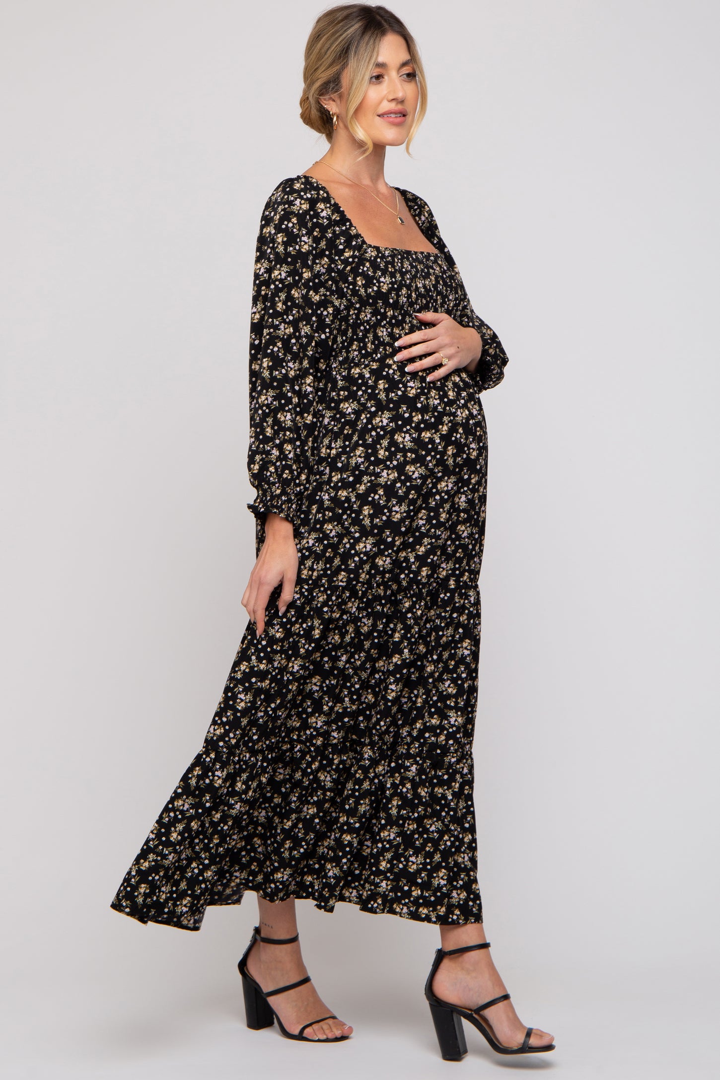 Black Floral Smocked Long Sleeve Maternity Maxi Dress– PinkBlush