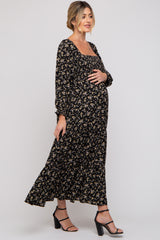 Black Floral Smocked Long Sleeve Maternity Maxi Dress