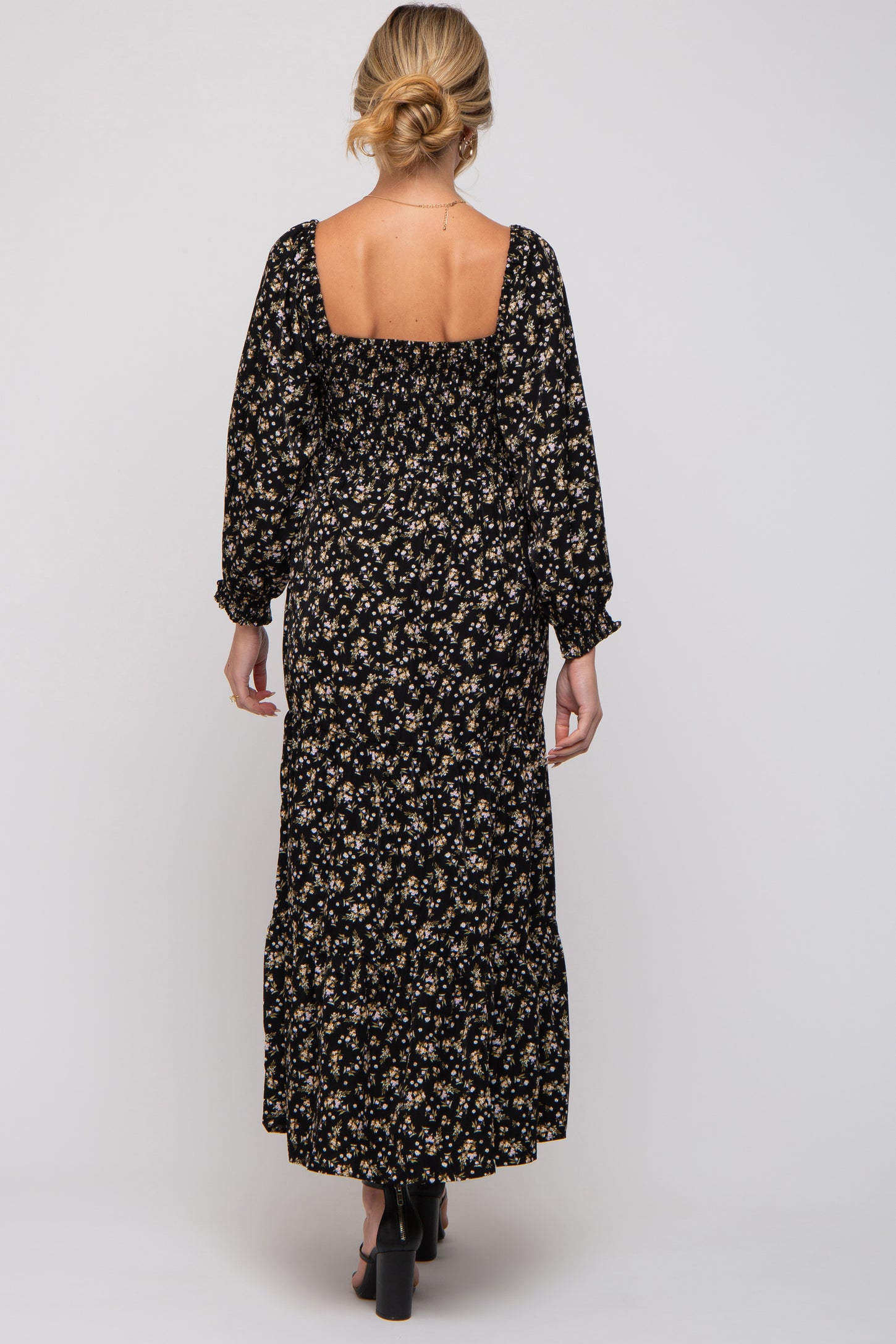 Black Floral Smocked Long Sleeve Maternity Maxi Dress Black Floral Smocked Long Sleeve Maternity Maxi Dress