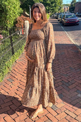 Mocha Floral Smocked Long Sleeve Maternity Maxi Dress