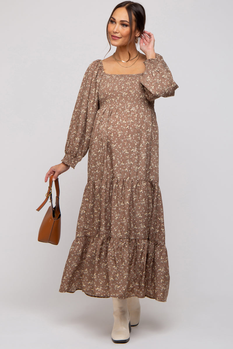 Mocha Floral Smocked Long Sleeve Maternity Maxi Dress – PinkBlush