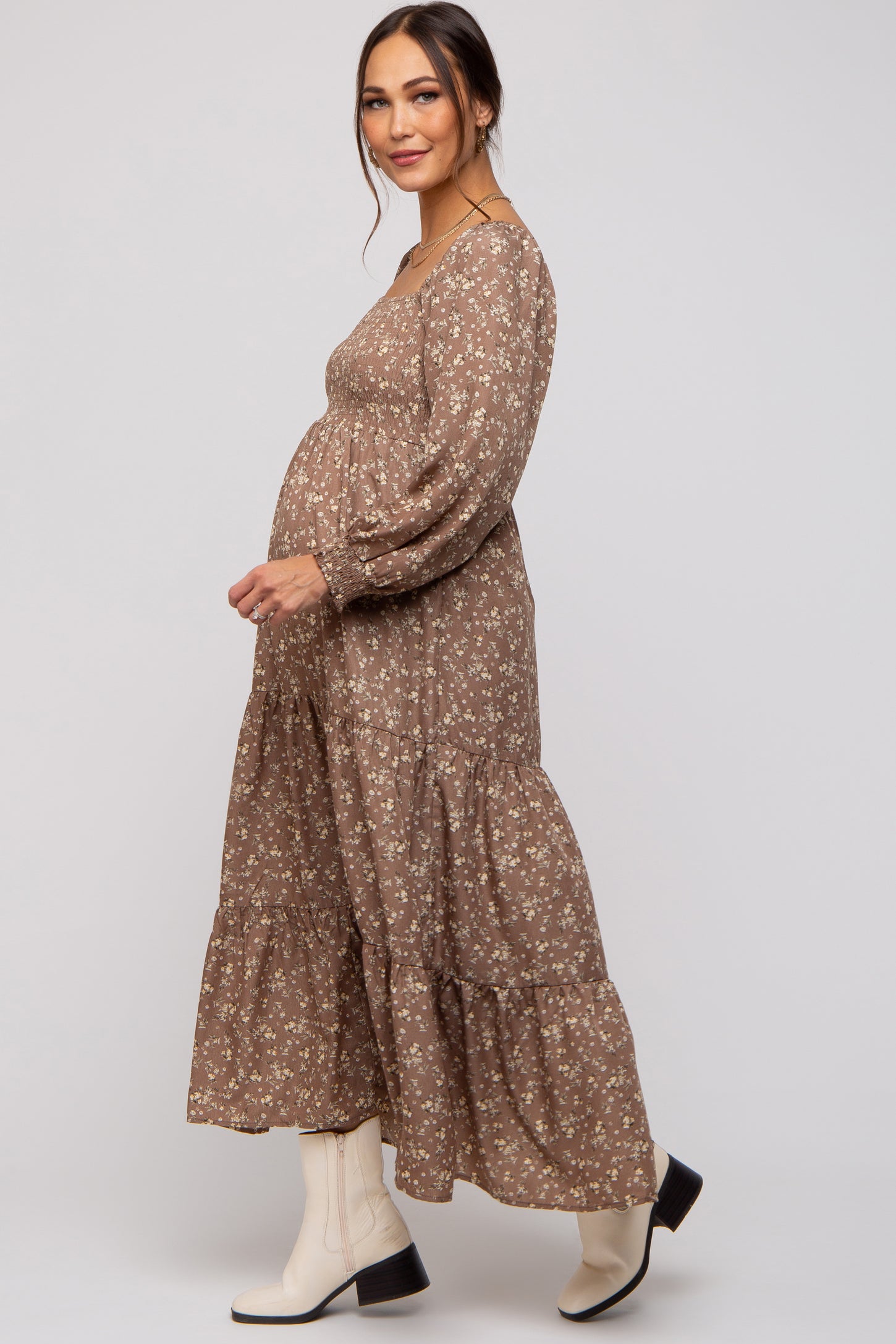 Mocha Floral Smocked Long Sleeve Maternity Maxi Dress Large Mocha Floral Smocked Long Sleeve Maternity Maxi Dress Large