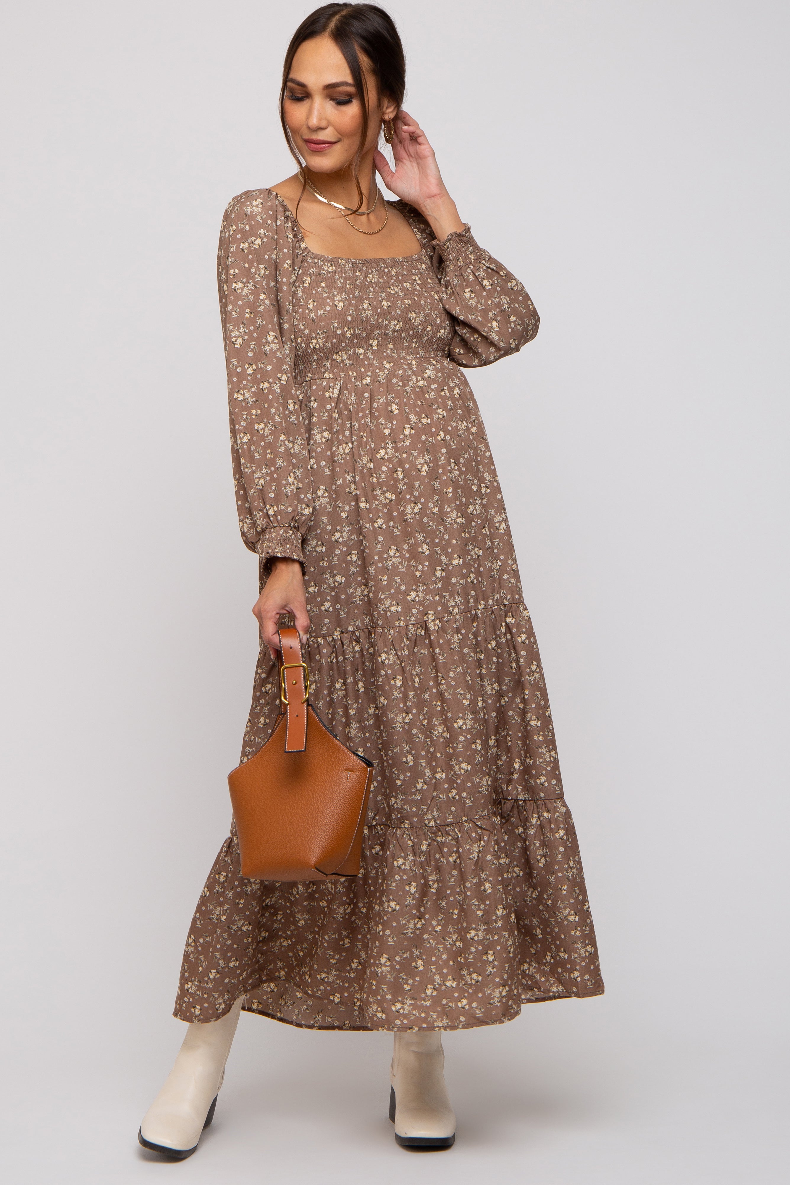 Mocha Floral Smocked Long Sleeve Maternity Maxi Dress Large