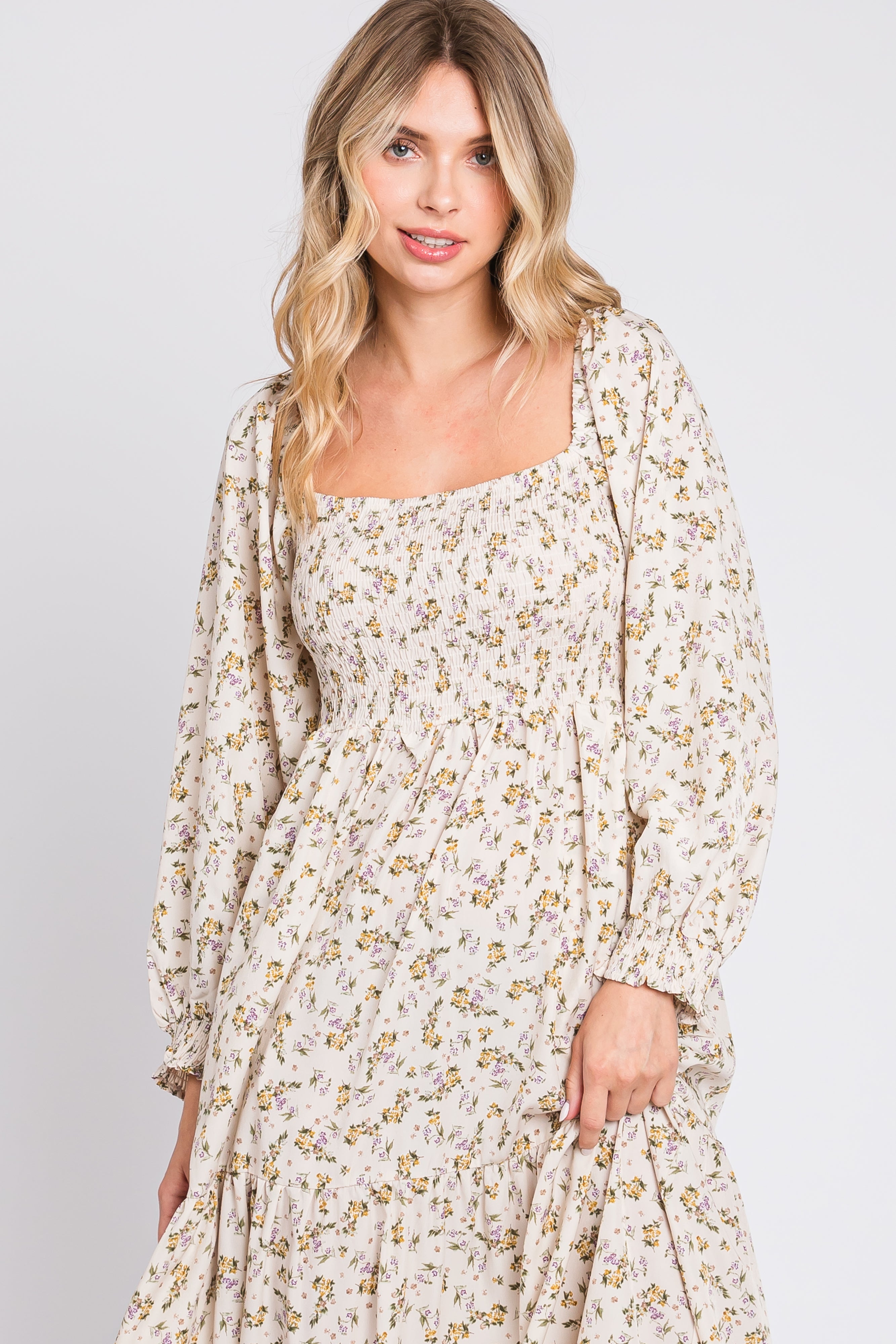 cream floral long sleeve dress Ivory Cream Floral Midi Dress | Belted Shirt
