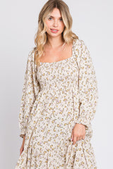 Cream Floral Smocked Long Sleeve Maxi Dress