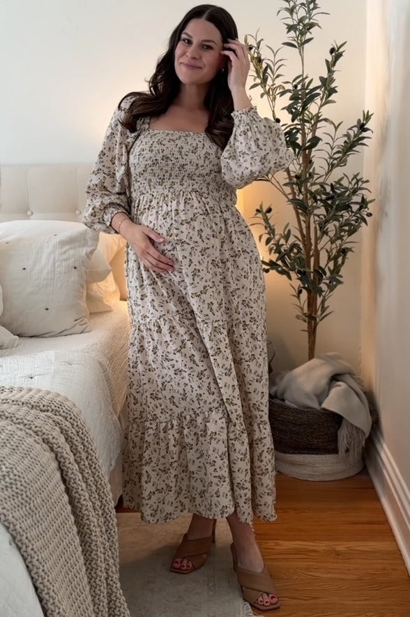 PinkBlush Cream Floral Smocked Long Sleeve Maternity Maxi Dress PinkBlush Cream Floral Smocked Long Sleeve Maternity Maxi Dress