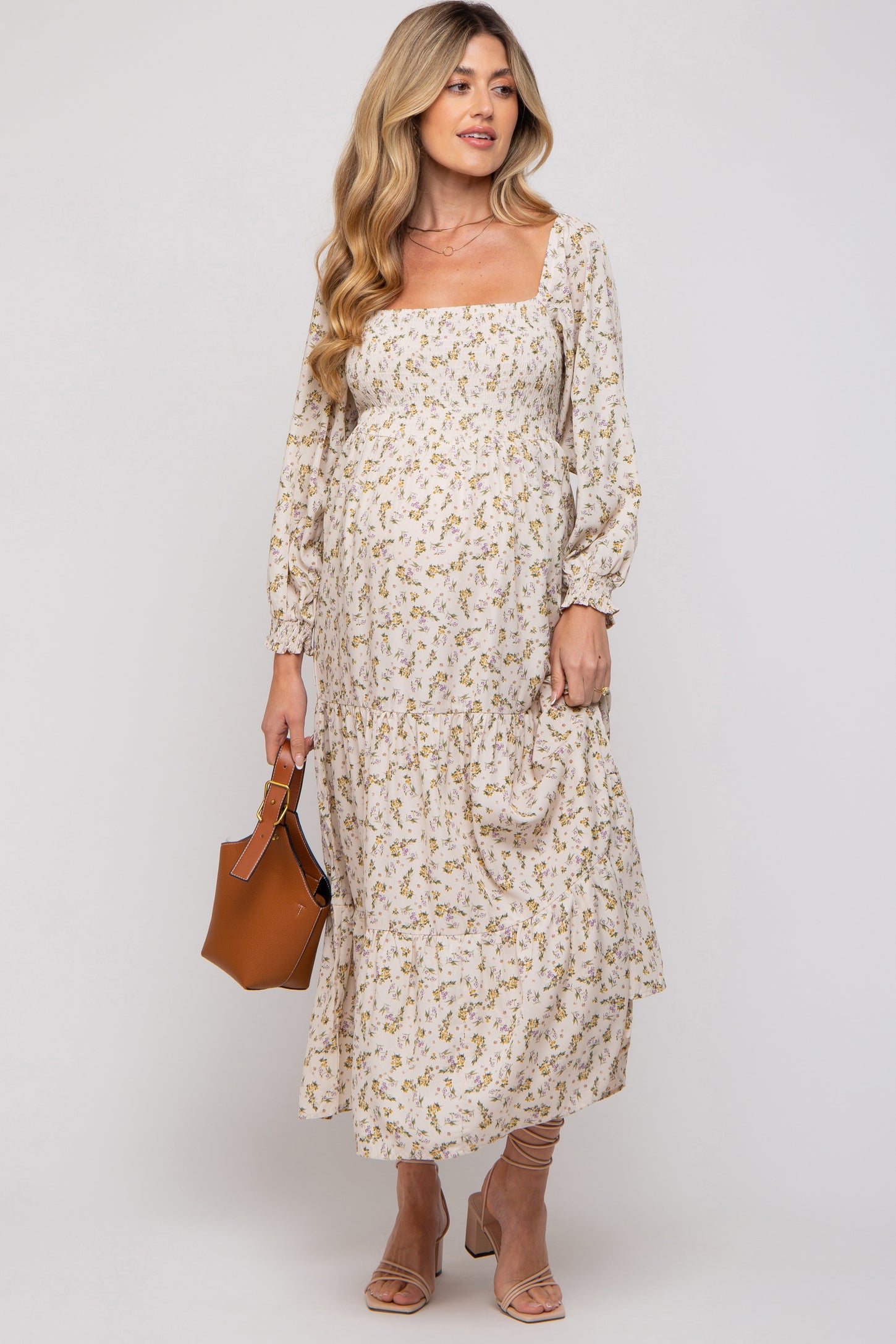 Pinkblush Cream Floral Smocked Long Sleeve Maternity Maxi Dress Pinkblush Cream Floral Smocked Long Sleeve Maternity Maxi Dress