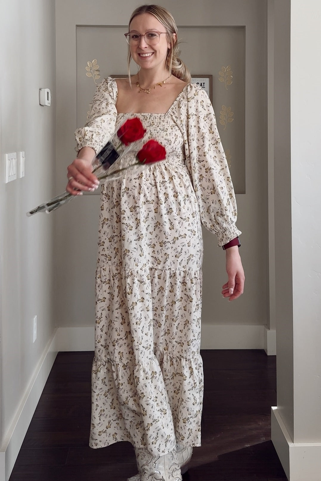 PinkBlush Cream Floral Smocked Long Sleeve Maternity Maxi Dress