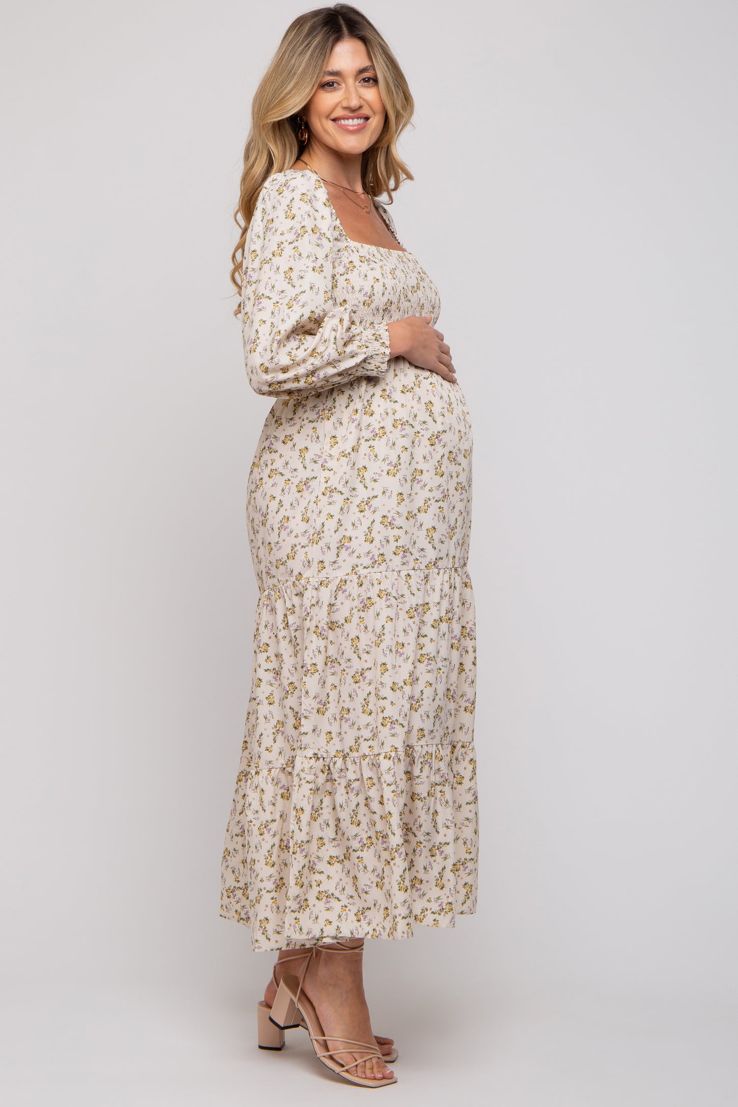 PinkBlush Cream Floral Smocked Long Sleeve Maternity Maxi Dress PinkBlush Cream Floral Smocked Long Sleeve Maternity Maxi Dress
